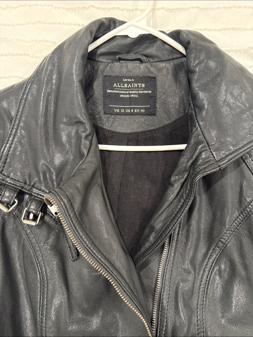 AllSaints Black Leather Biker Jacket with Zip & Buckle Details